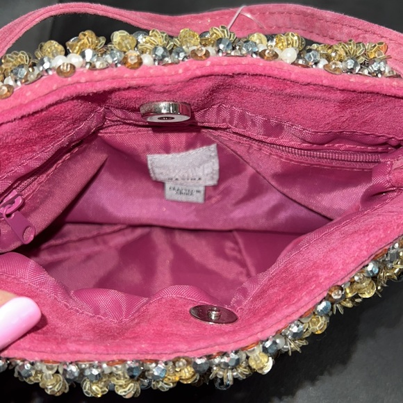 Wilsons Leather Pink Suede Clutch with Pearl, Silver Metallic Bead & Gold Sequin - Picture 3 of 5